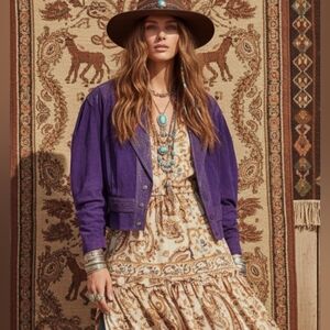 Vintage Giorgio Ferrini Purple Suede 80s Cropped Jacket Paisley Boho M - MINT